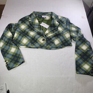 WeWoreWhat Women Green Plaid Cropped Blazer Jacket Size Small